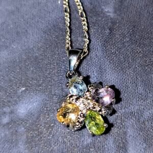 Vintage 925 Sterling Silver 4 Oval Gemstone & Diamond Figaro Chain Necklace